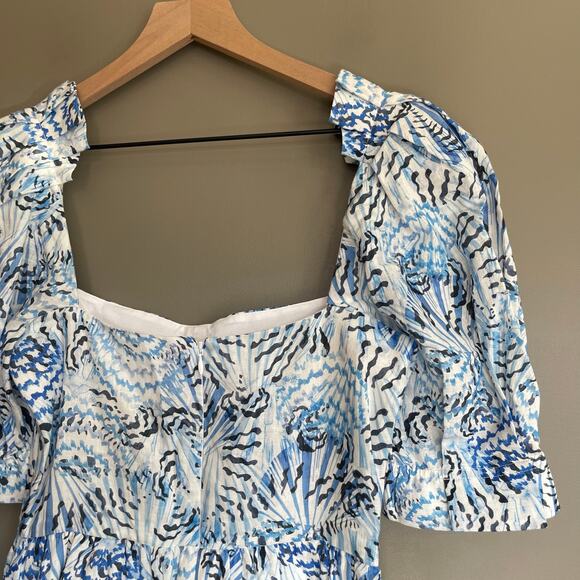 NWT SALONI Rachel-D Mini Dress Neptune Azure Size 2 Blue White Linen Puff Sleeve - Picture 15 of 16